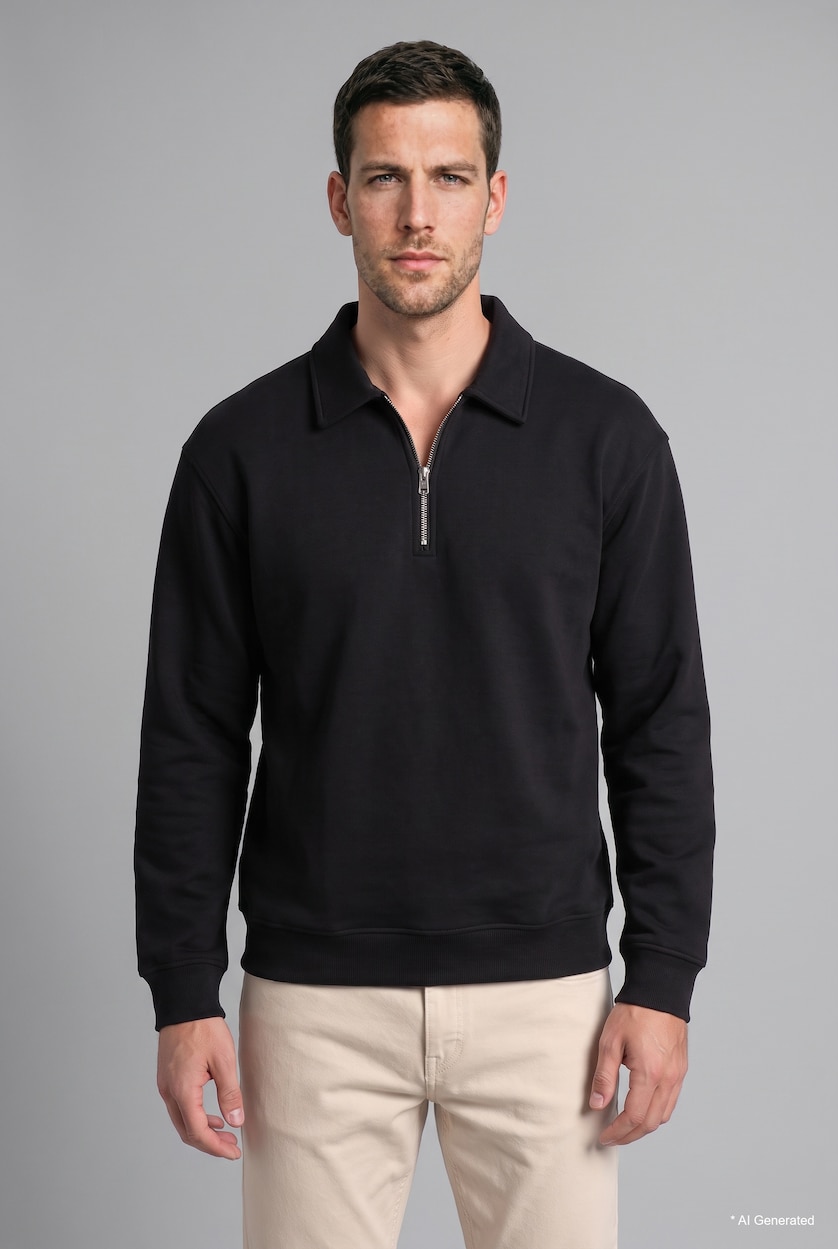 Erkek Siyah Pamuklu Regular Fıt Kalın Kumaş Sweatshirt