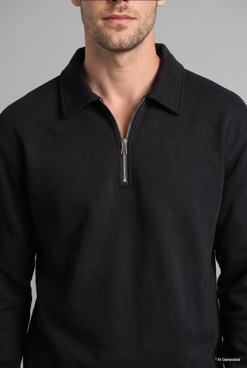 Erkek Siyah Pamuklu Regular Fıt Kalın Kumaş Sweatshirt