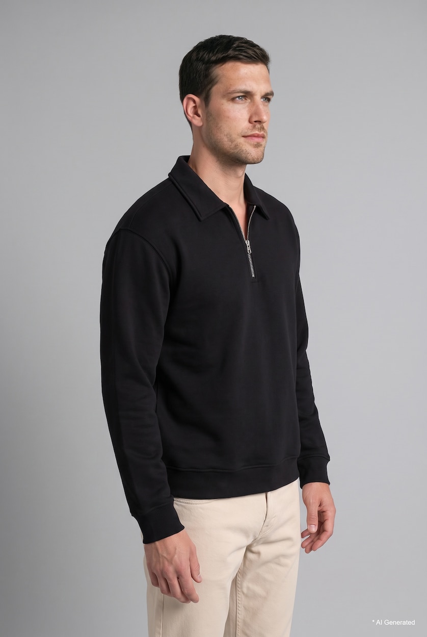 Erkek Siyah Pamuklu Regular Fıt Kalın Kumaş Sweatshirt