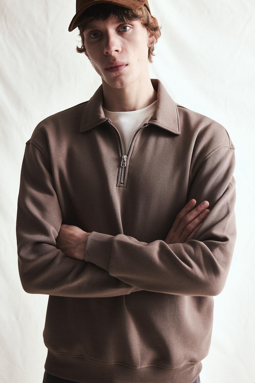 MESHKUJ Light Brown Regular Fit Polo Neck Heavyweight Sweatshirt