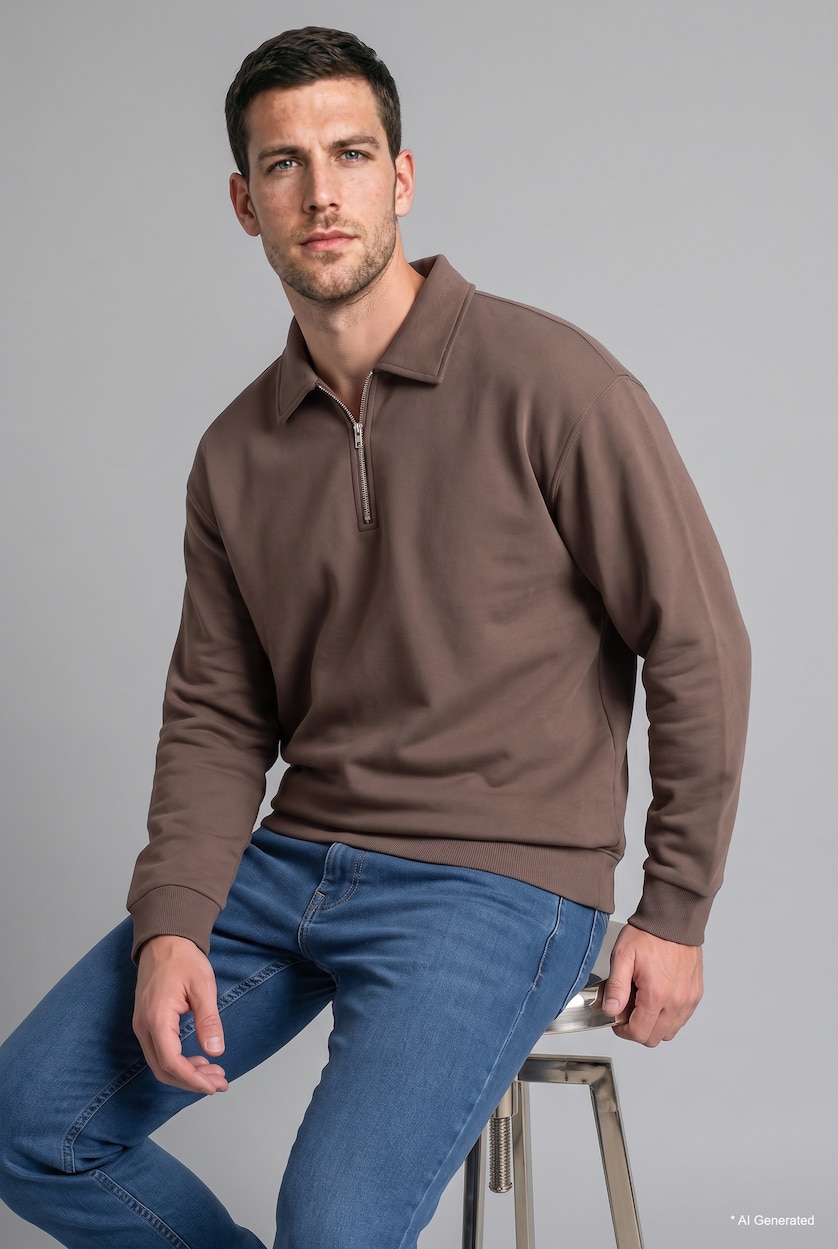 HOMME Marron Clair Sweatshirt épais à col polo Coupe régulière