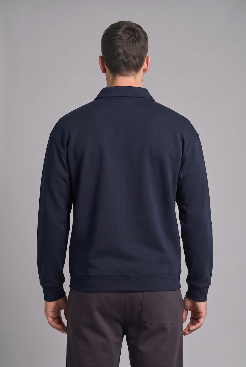 MAN NAVY Regular Fit Thick Cotton Fabric Polo Collar Sweatshirt