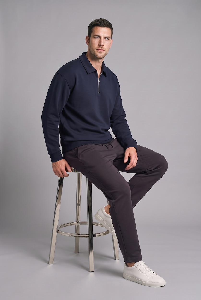 MAN NAVY Regular Fit Thick Cotton Fabric Polo Collar Sweatshirt