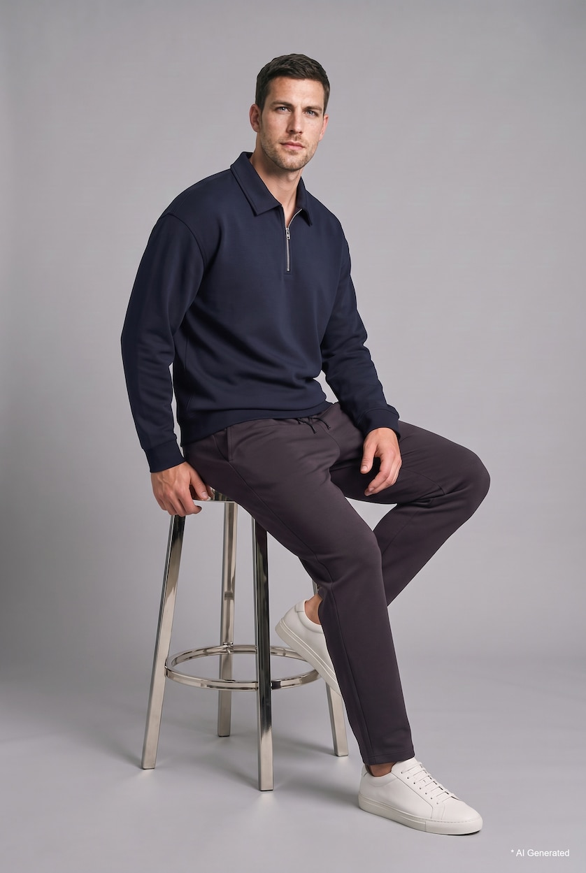 Erkek Lacivert Pamuklu Polo Yaka Sweatshirt