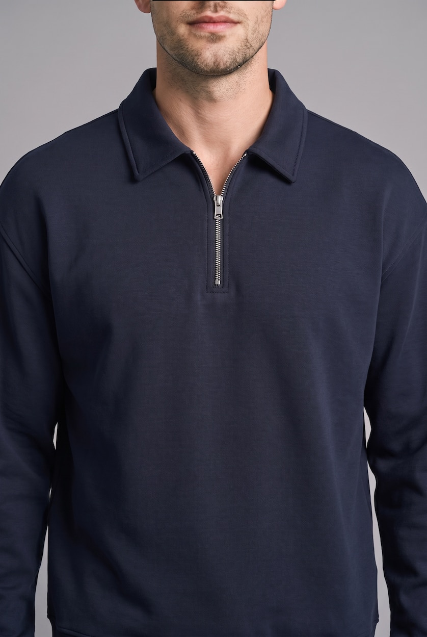 MAN NAVY Regular Fit Thick Cotton Fabric Polo Collar Sweatshirt