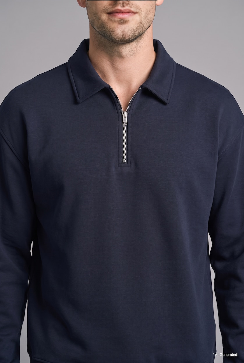 Erkek Lacivert Pamuklu Polo Yaka Sweatshirt
