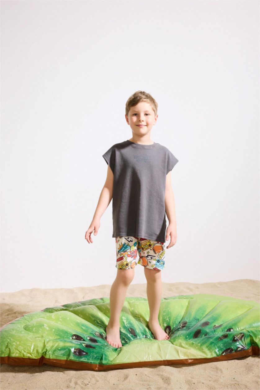 Boys & Teens Light Yellow Boy Regular Fit Printed Swim Shorts