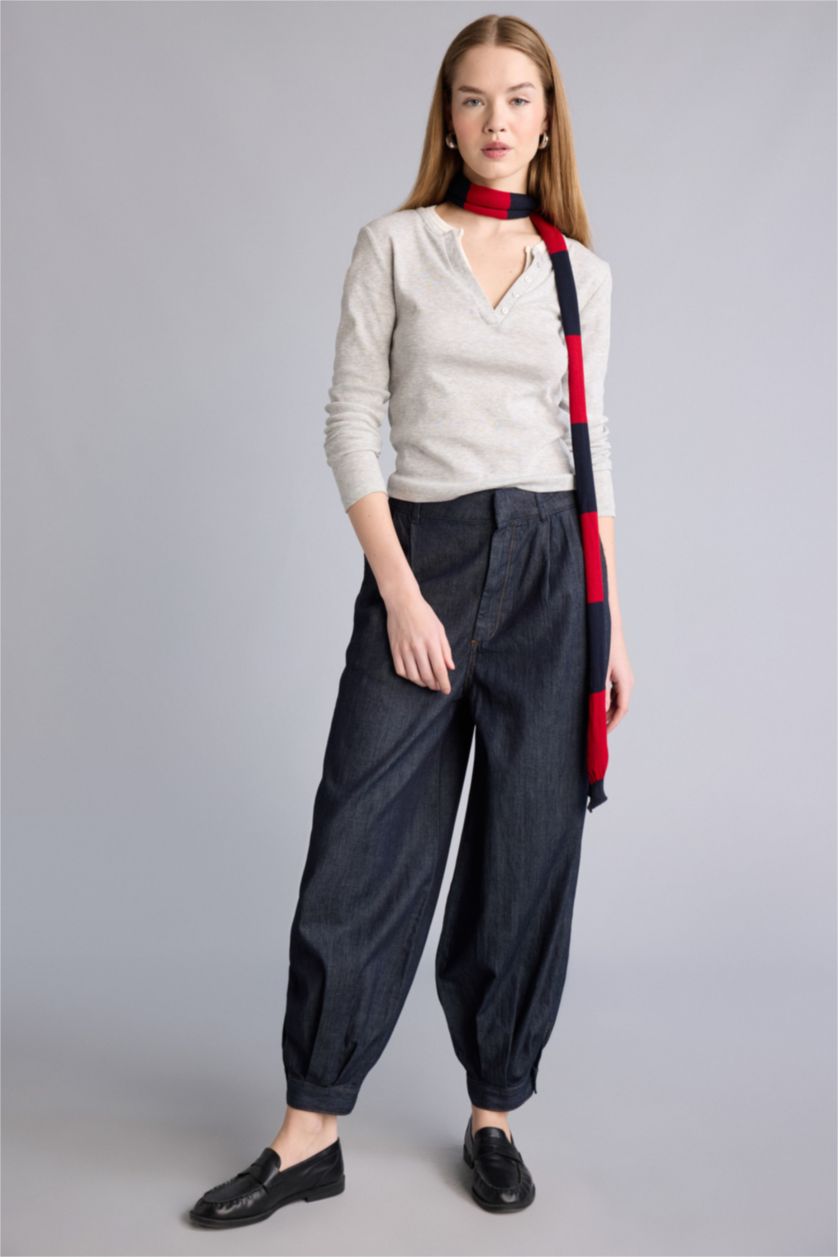 Kadın Mavi Siyah Balloon Fıt Yüksek Bel Jean Yıkamalı Pantolon