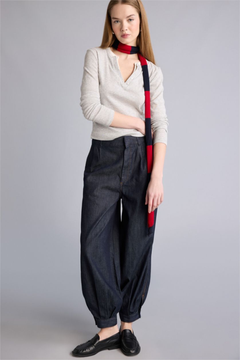 Kadın Mavi Siyah Balloon Fıt Yüksek Bel Jean Yıkamalı Pantolon