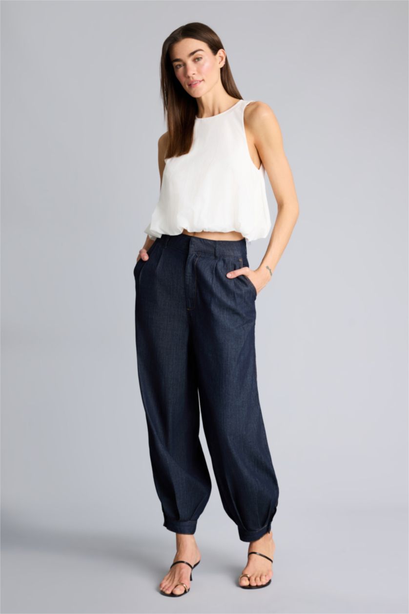 نساء أسود أزرق بنطرون جينز بالون فيت وخصر عالي