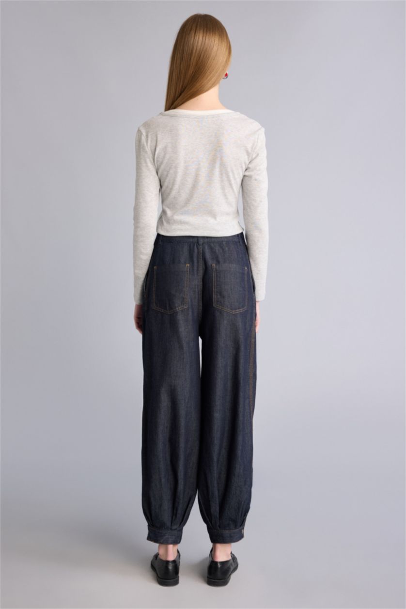 Kadın Mavi Siyah Balloon Fıt Yüksek Bel Jean Yıkamalı Pantolon