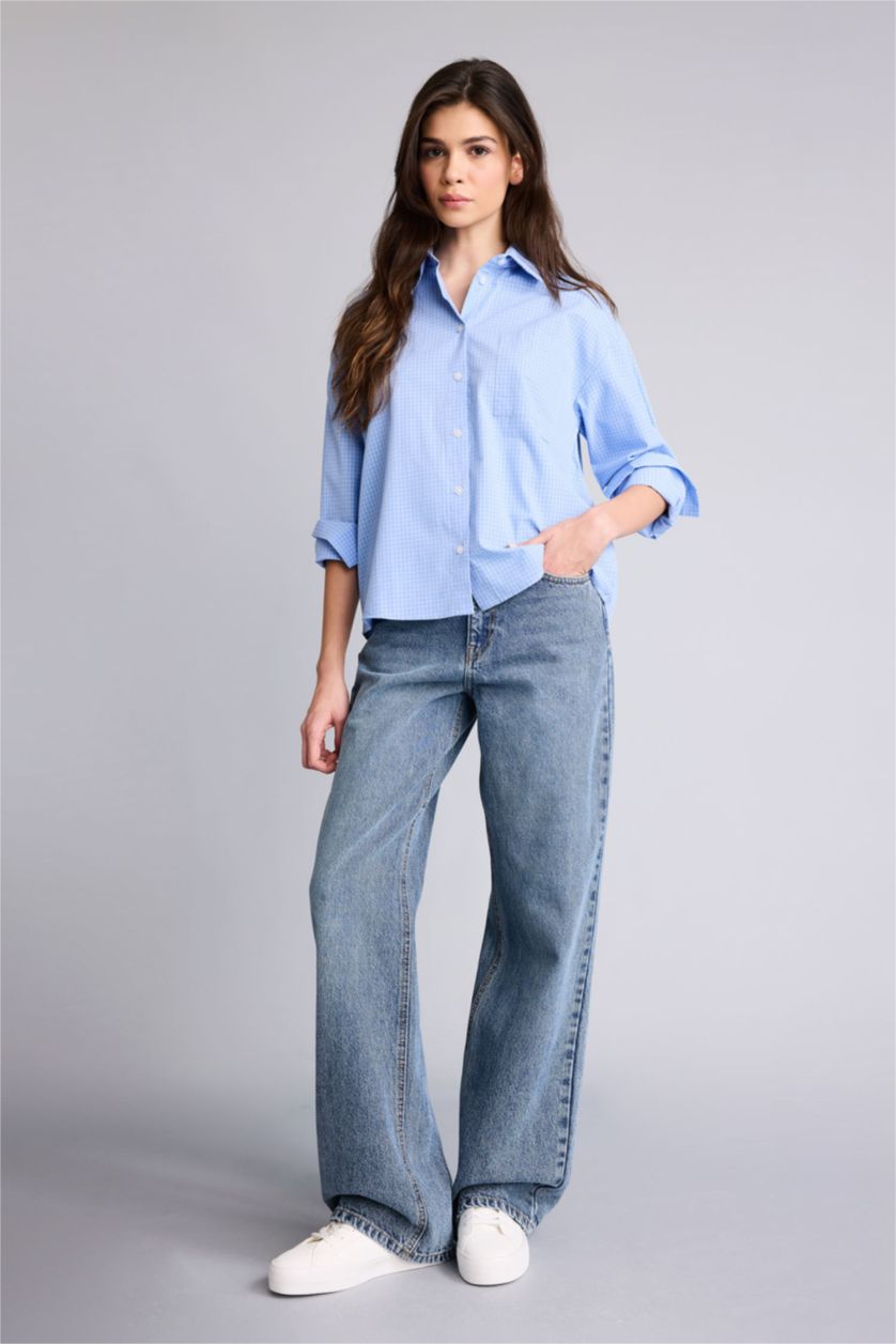 Woman Blue Oversize Fit Shirt Collar Poplin Slogan Long Sleeve Shirt