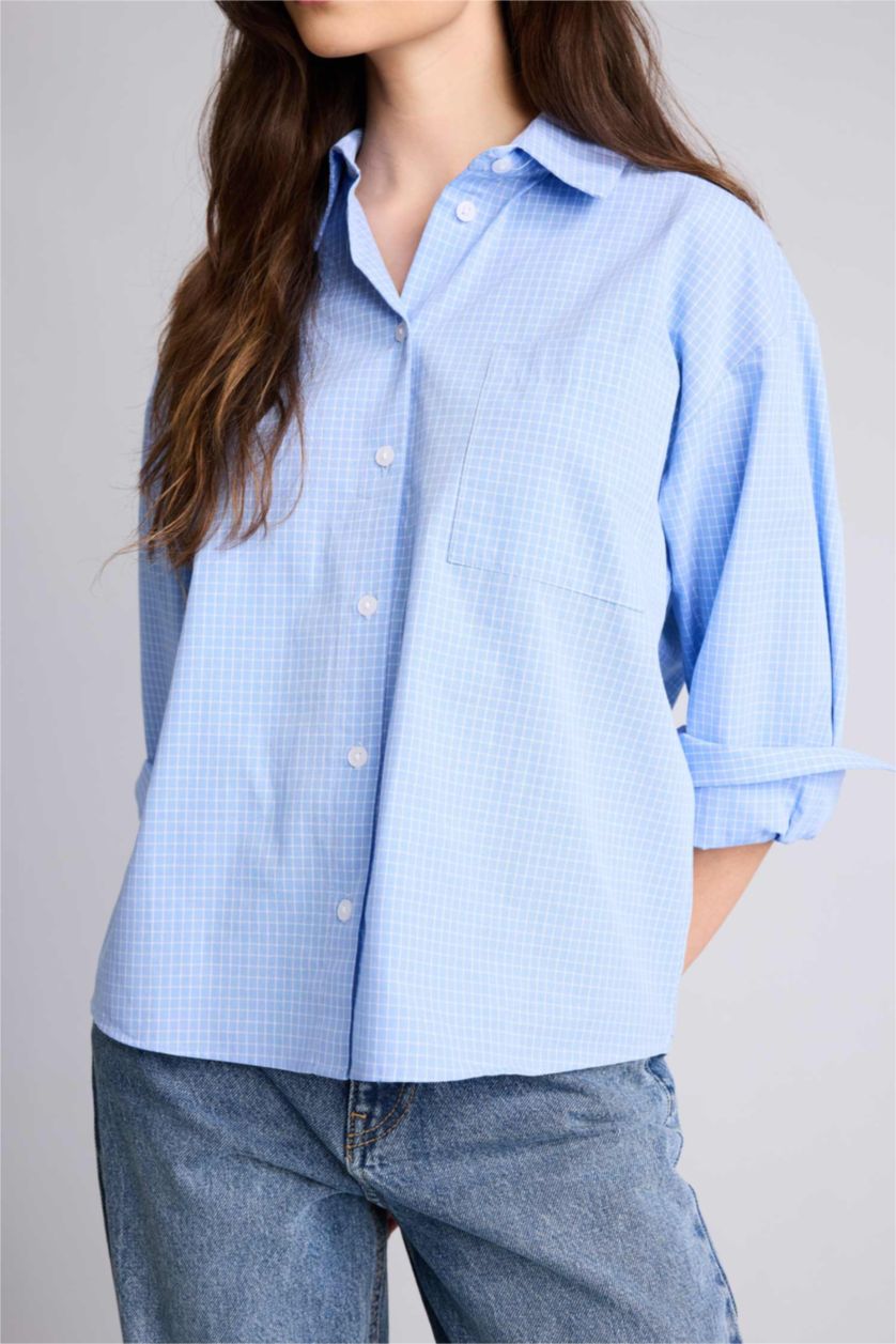 Woman Blue Oversize Fit Shirt Collar Poplin Slogan Long Sleeve Shirt