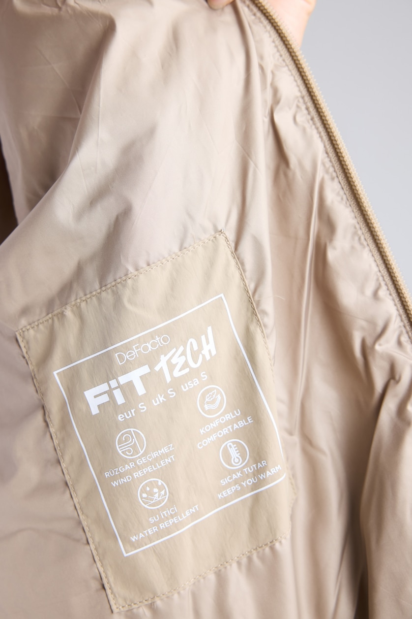 WOMAN Beige Oversize Varsity Collar Zip-Up Windproof  Puffer Jacket