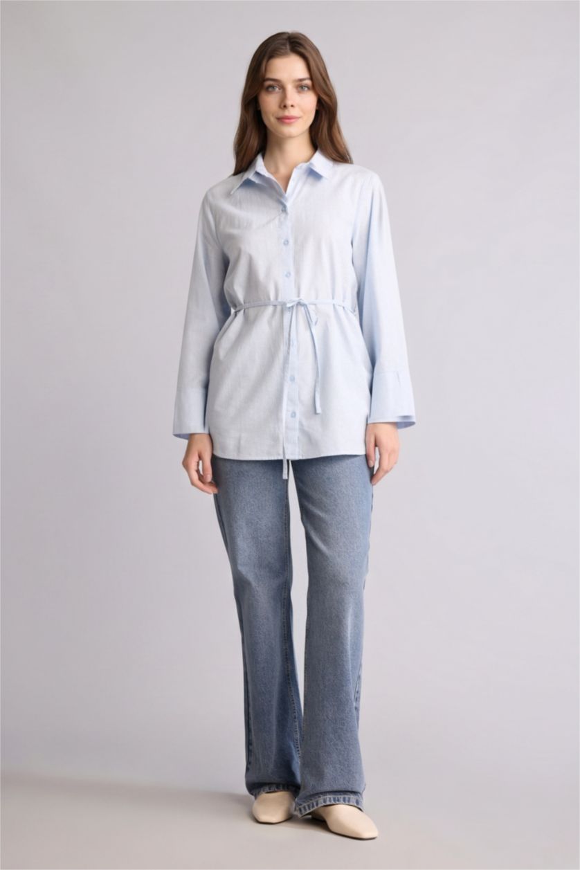 Kadın Açık Mavi Regular Fit Flamlı Pamuk Tunik