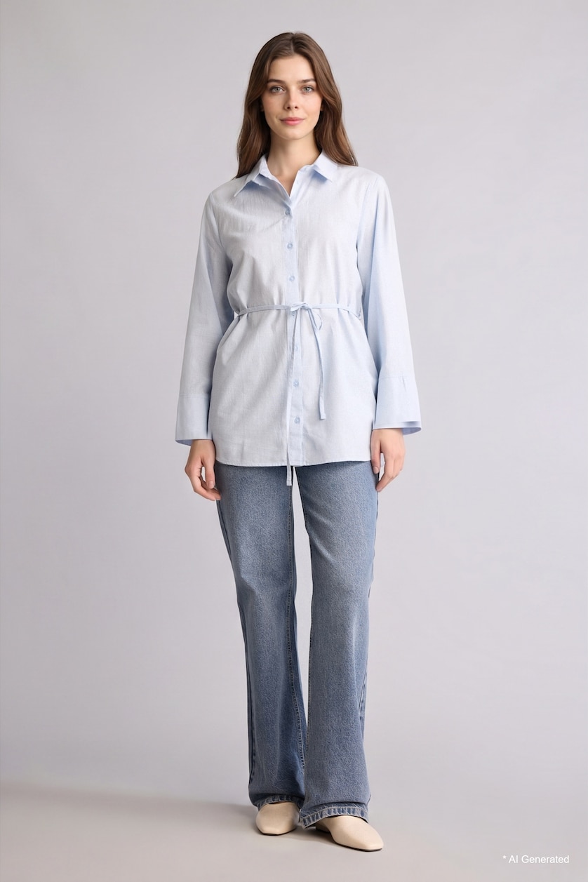 Kadın Açık Mavi %100 Pamuk Regular Fit Flamlı Tunik