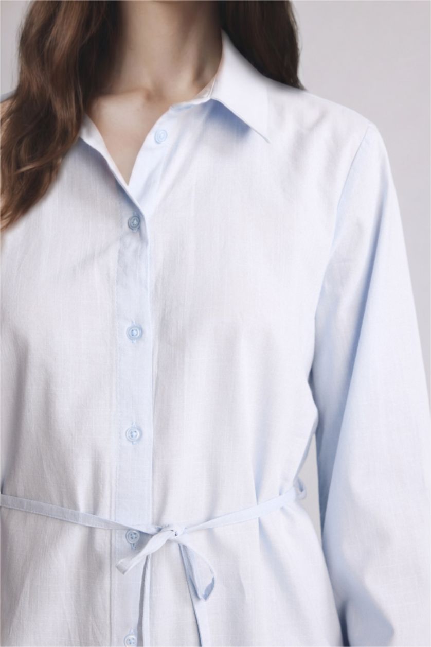 Kadın Açık Mavi Regular Fit Flamlı Pamuk Tunik