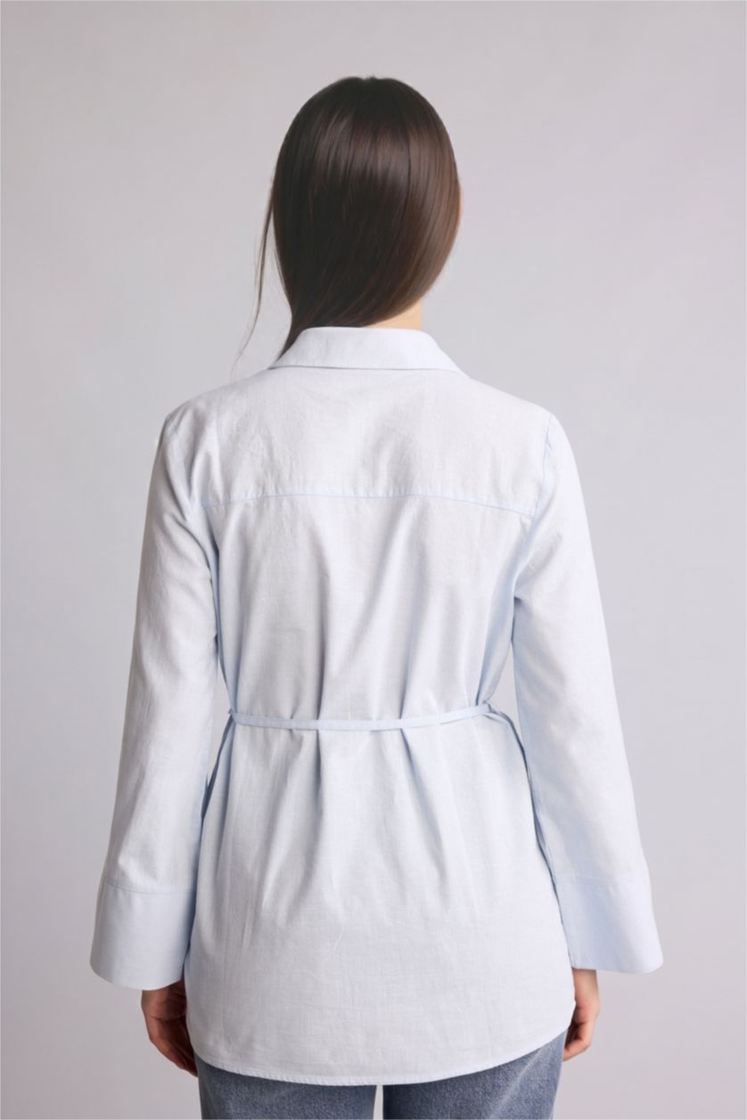 Kadın Açık Mavi Regular Fit Flamlı Pamuk Tunik