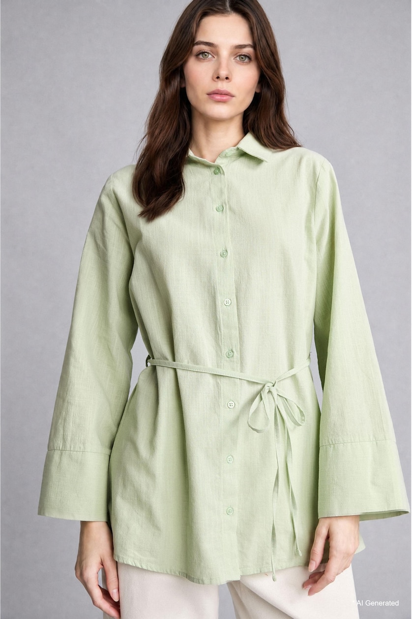 Kadın Mint %100 Pamuk Regular Fit Flamlı Tunik