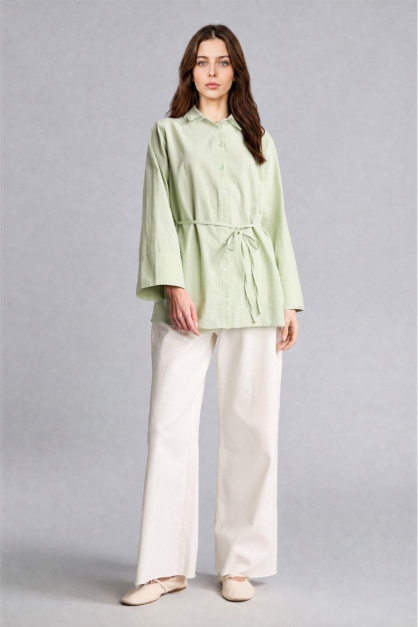 Kadın Mint Regular Fit Flamlı Pamuk Tunik