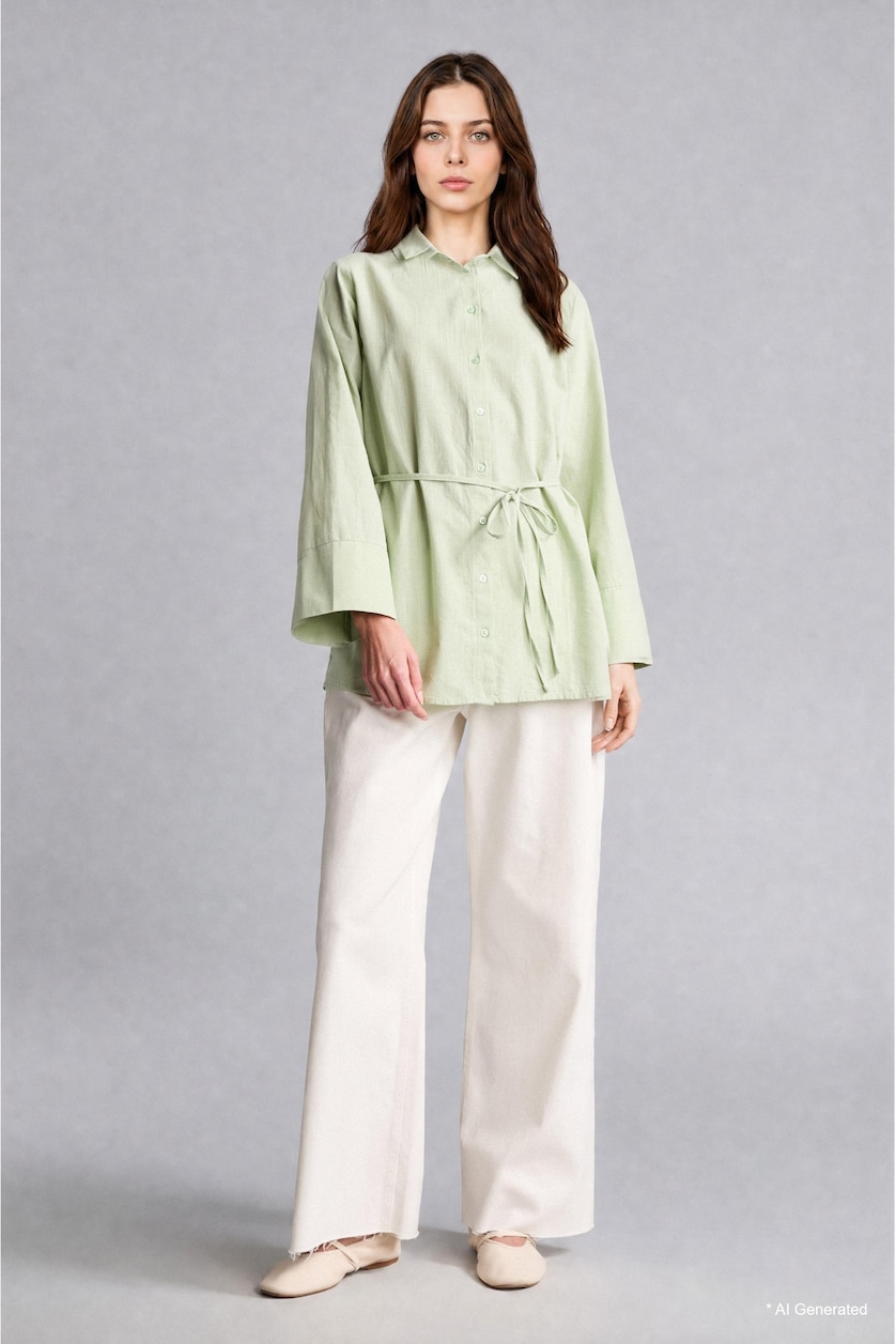 Kadın Mint %100 Pamuk Regular Fit Flamlı Tunik