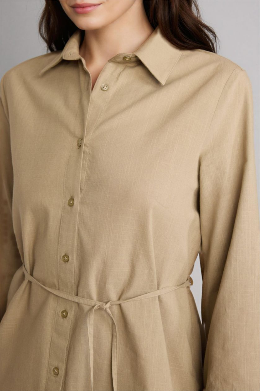 Kadın Açık Haki Flamlı Pamuk Uzun Kollu Tunik