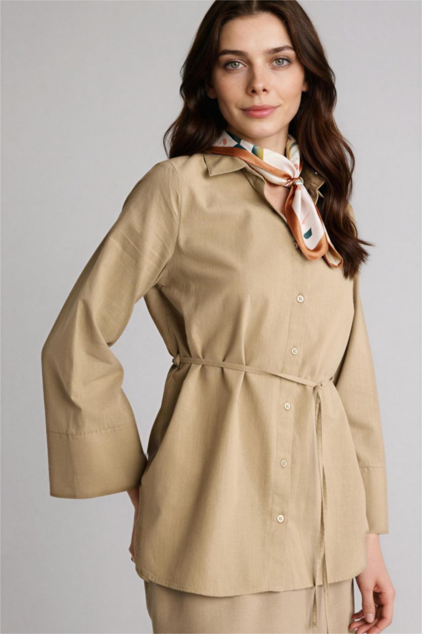 Kadın Açık Haki Regular Fit Flamlı Pamuk Tunik