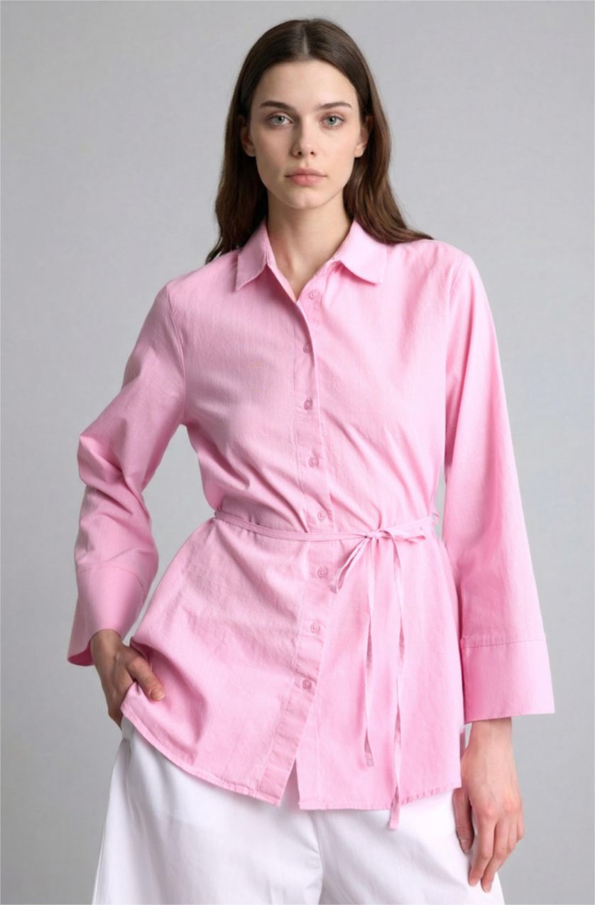 Kadın Açık Pembe Regular Fit Uzun kollu Pamuklu Tunik