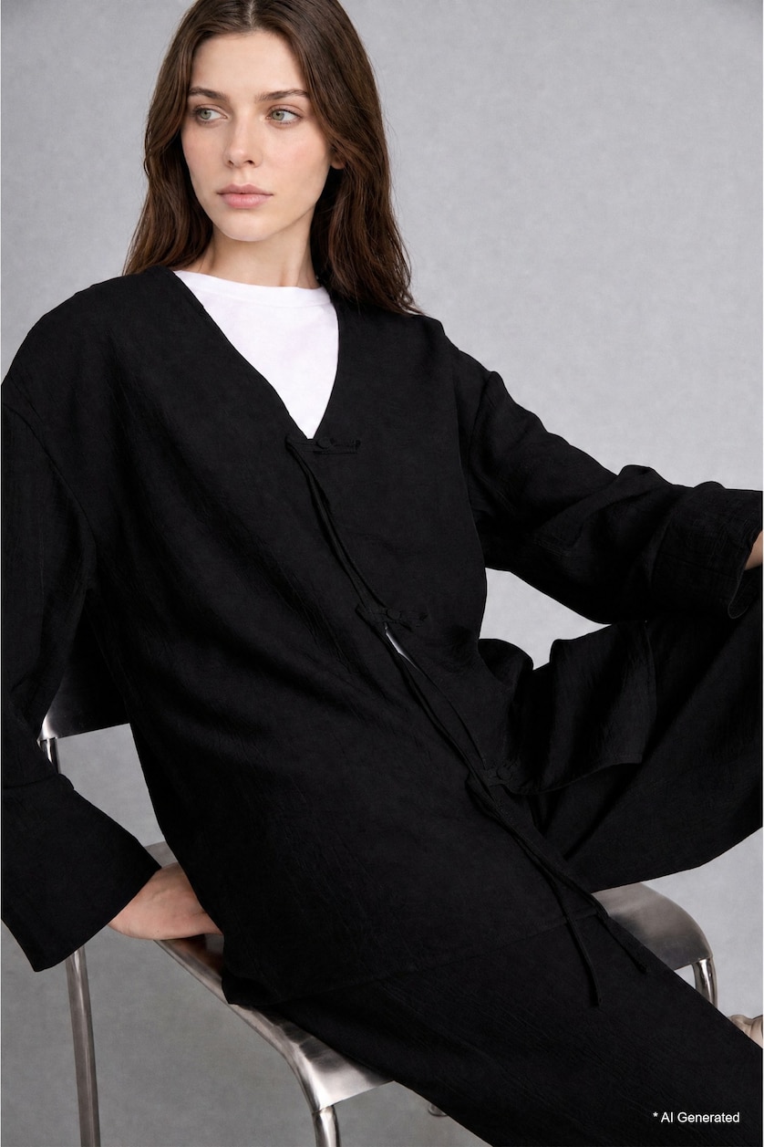 WOMAN Black Regular Fit V-Neck Crinkle Fabric Black Kimono