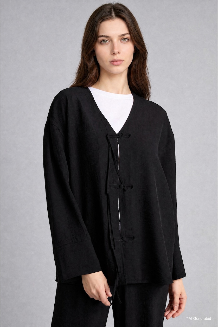 WOMAN Black Regular Fit V-Neck Crinkle Fabric Black Kimono
