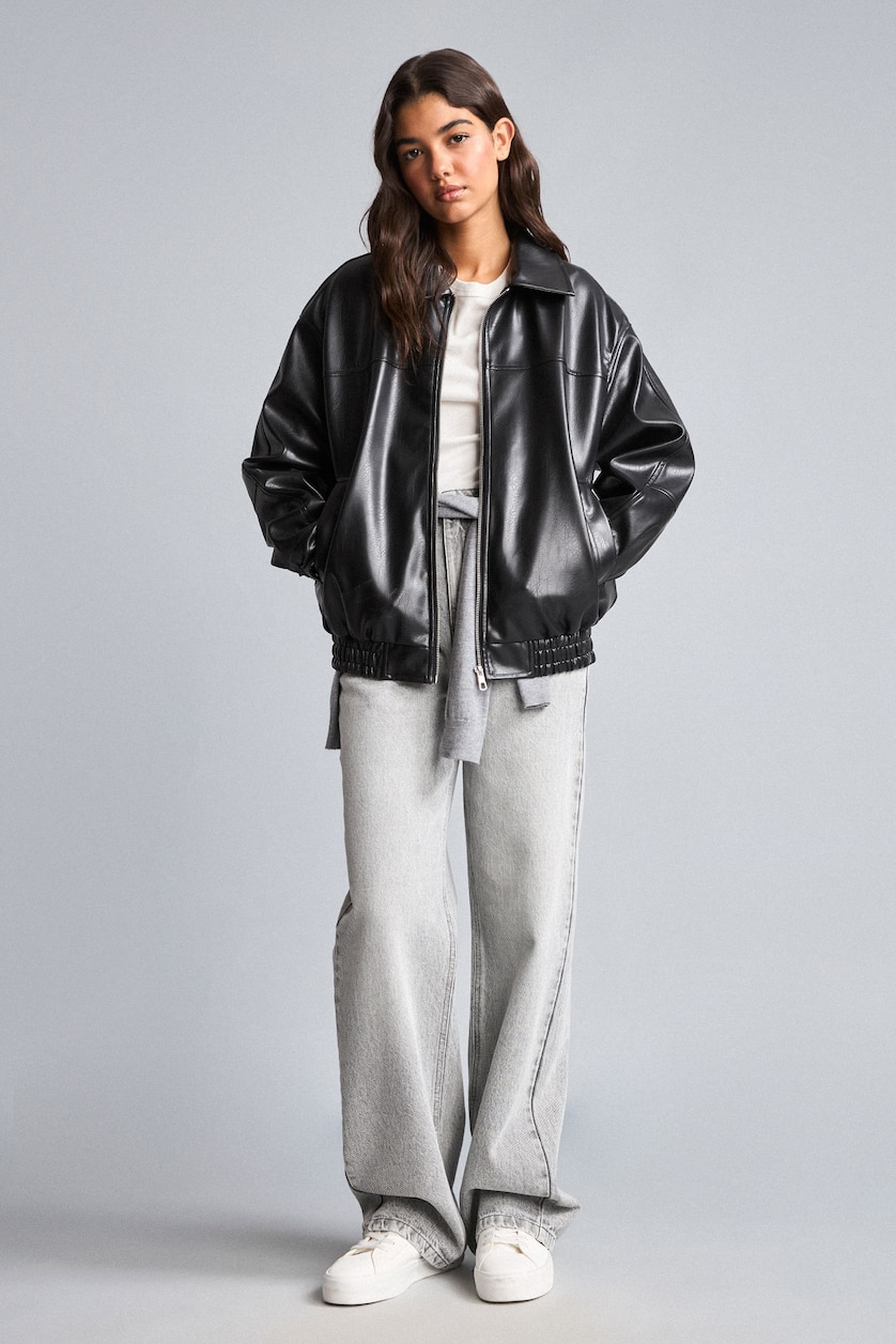 Women Black Faux Leather Jacket Dad Fit Faux Leather Jacket