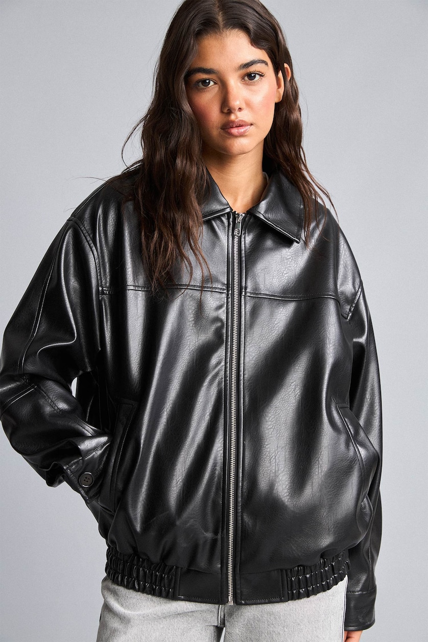 Women Black Faux Leather Jacket Dad Fit Faux Leather Jacket