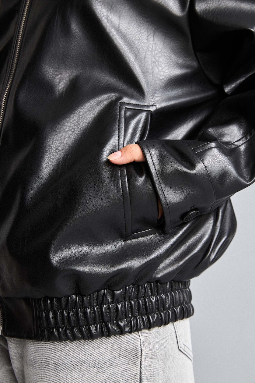 Women Black Faux Leather Jacket Dad Fit Faux Leather Jacket