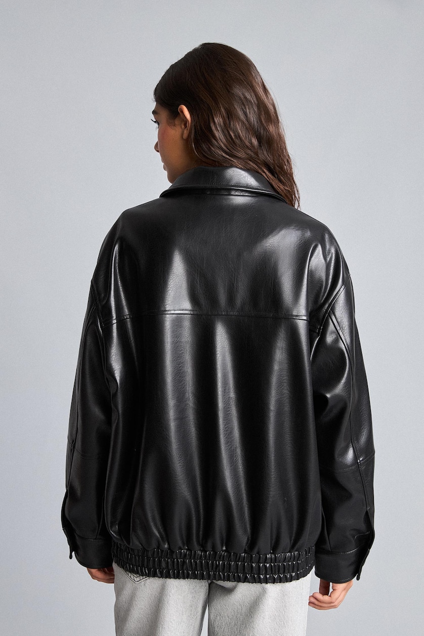 Women Black Faux Leather Jacket Dad Fit Faux Leather Jacket