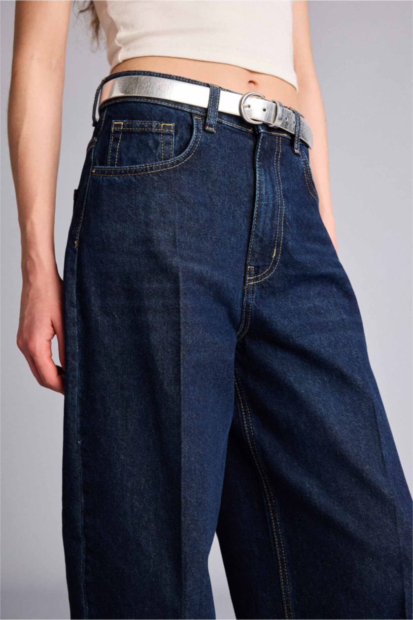 Kadın Mavi Siyah Barrel Fıt Yüksek Bel Bilek Boy Jean Pantolon