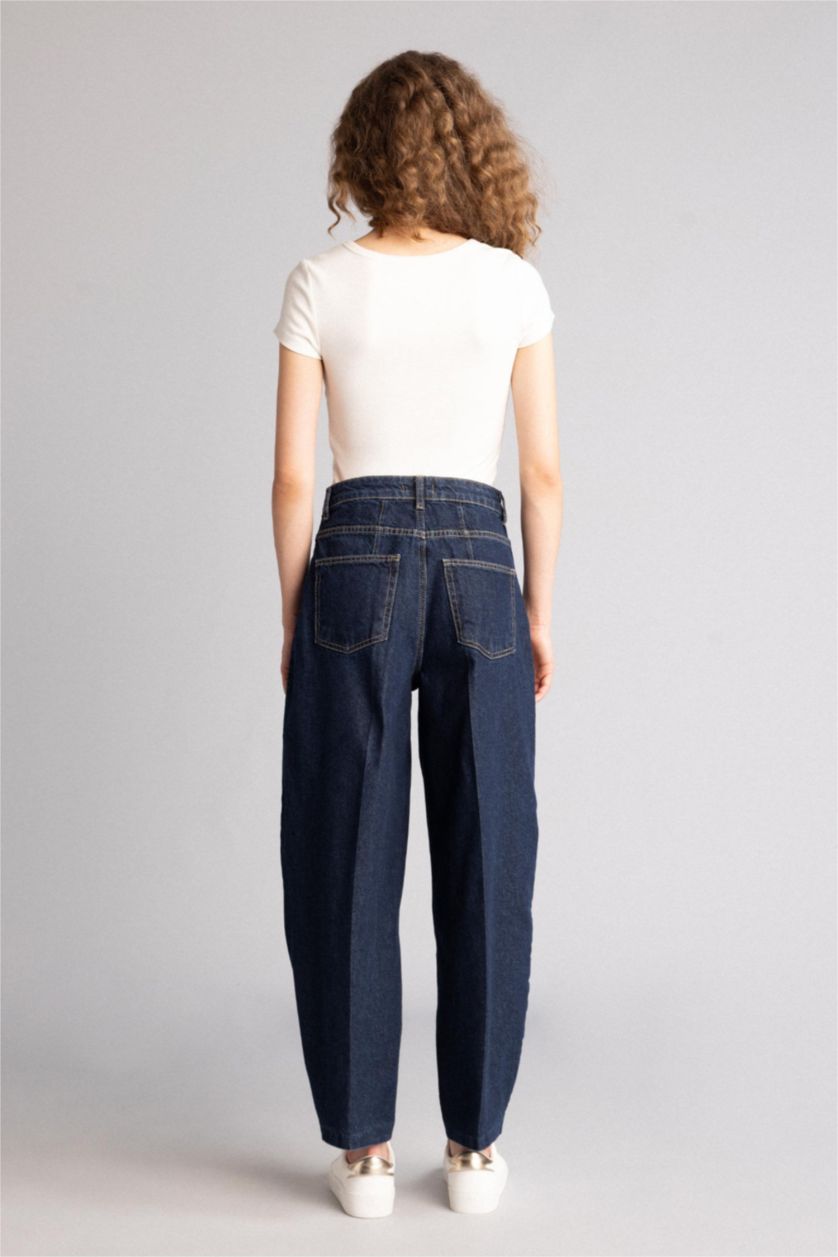 Kadın Mavi Siyah Barrel Fıt Yüksek Bel Bilek Boy Jean Pantolon