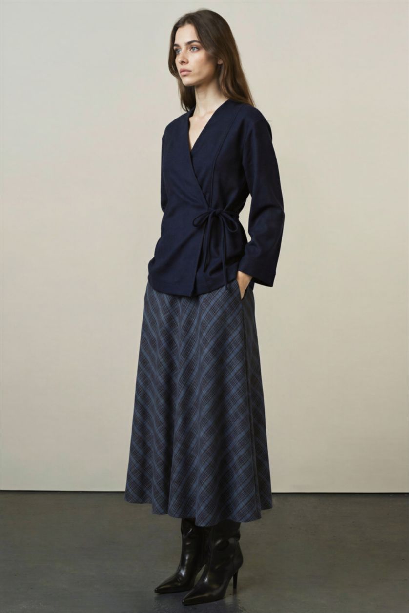 WOMAN NAVY A Cut Plaid Maxi Skirt