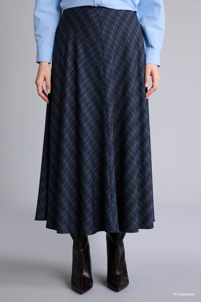 Women NAVY A-Line Plaid Maxi Skirt