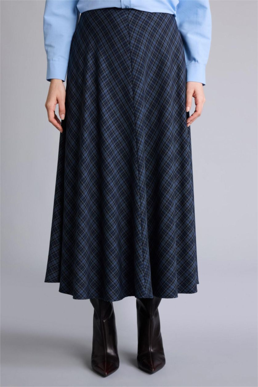 WOMAN NAVY A Cut Plaid Maxi Skirt