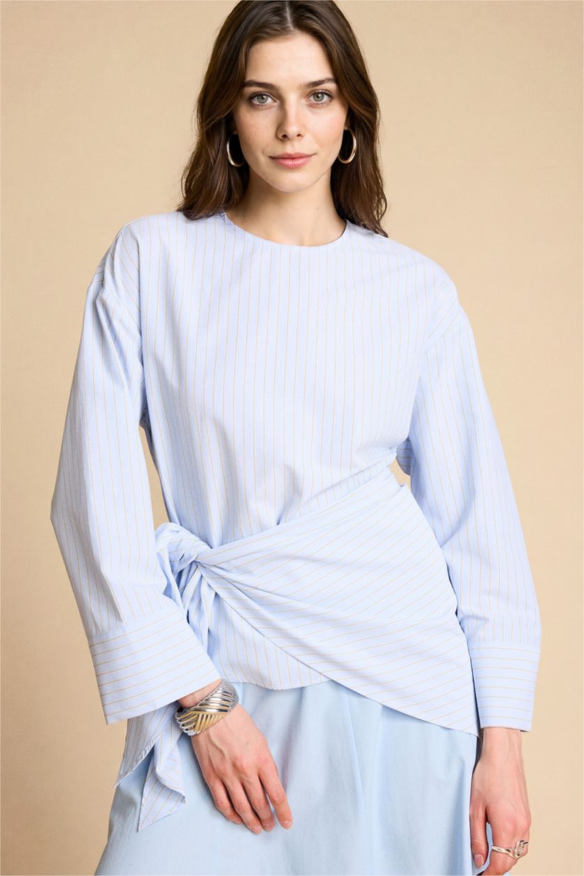Woman Light Blue Regular Fit Poplin Long Sleeve Tunic