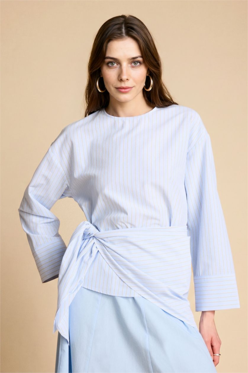 Woman Light Blue Regular Fit Poplin Long Sleeve Tunic