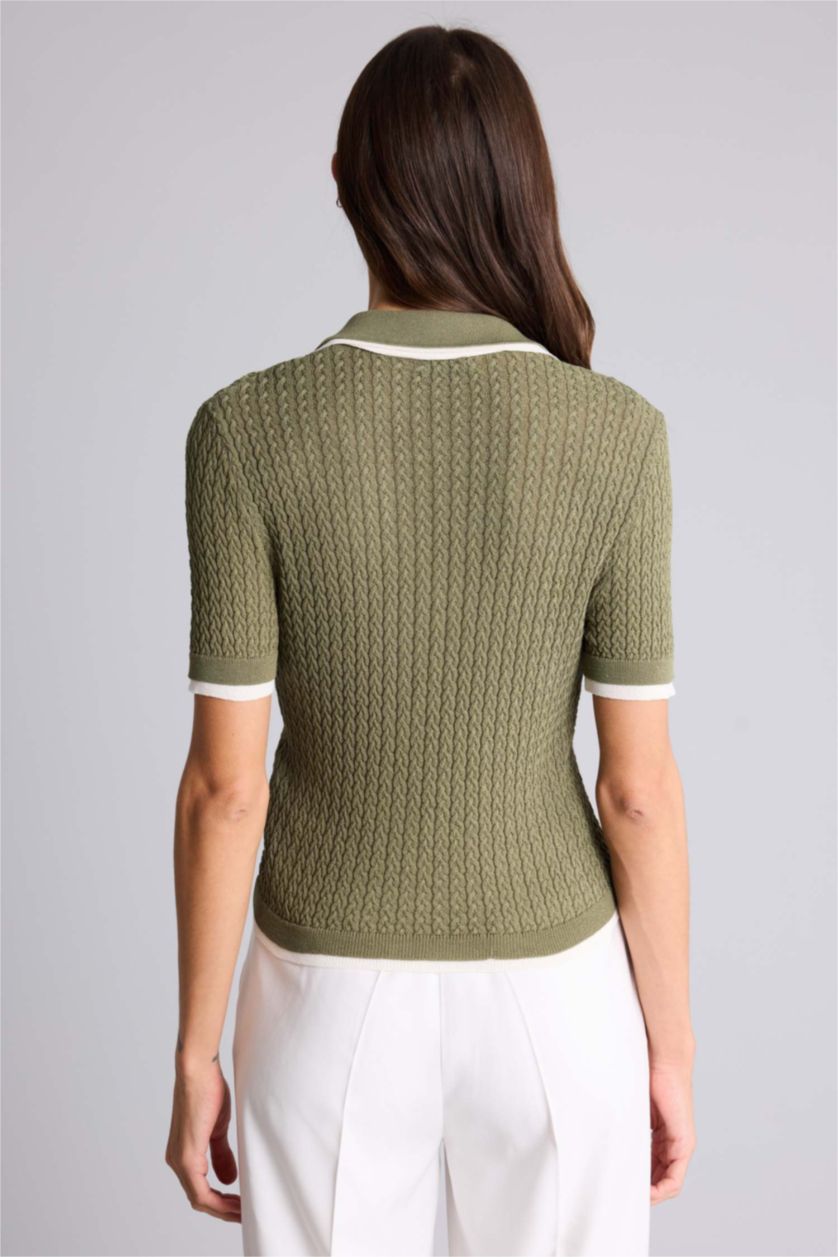 Woman Light Khaki Regular Fit Polo Collar Pullover