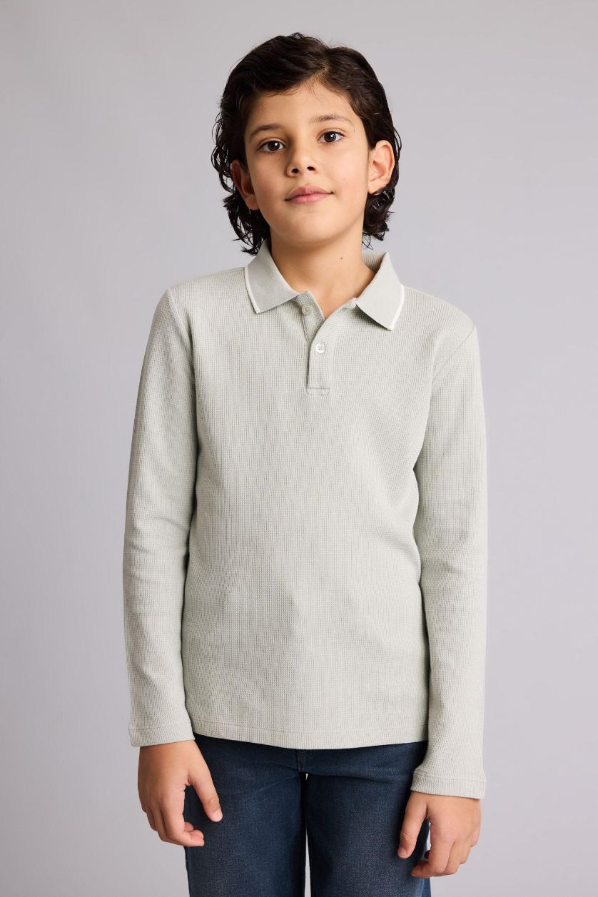 Erkek Çocuk - Genç Erkek Mint Regular Fıt Polo Yaka Waffle Uzun Kollu Polo Tişört Erkek Çocuk