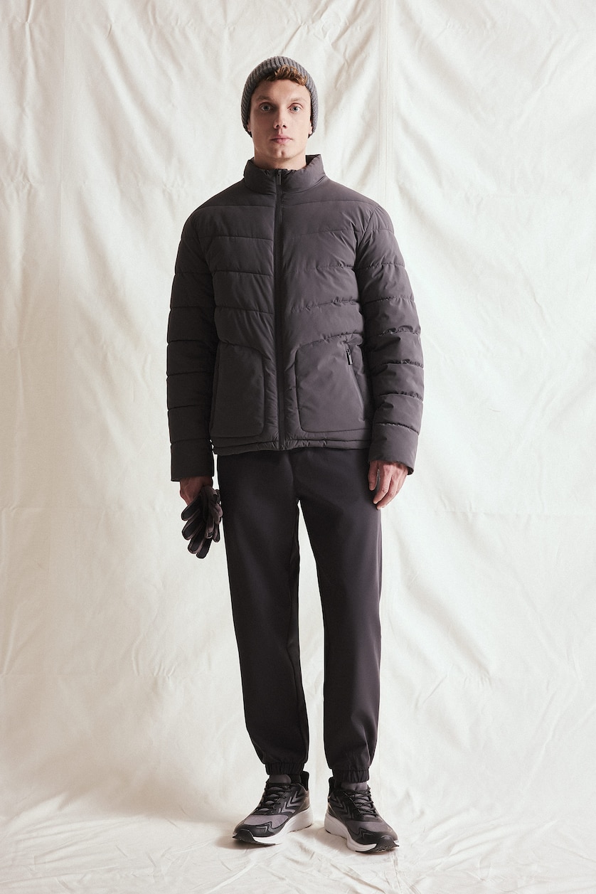 MESHKUJ Anthracite Slim Fit Stand Collar Quilted Puffer Jacket