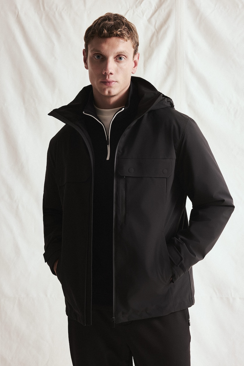 Men Black Regular Fit Hooded Waterproof Jacket