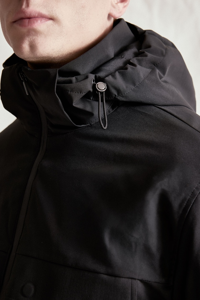Men Black Regular Fit Hooded Waterproof Jacket