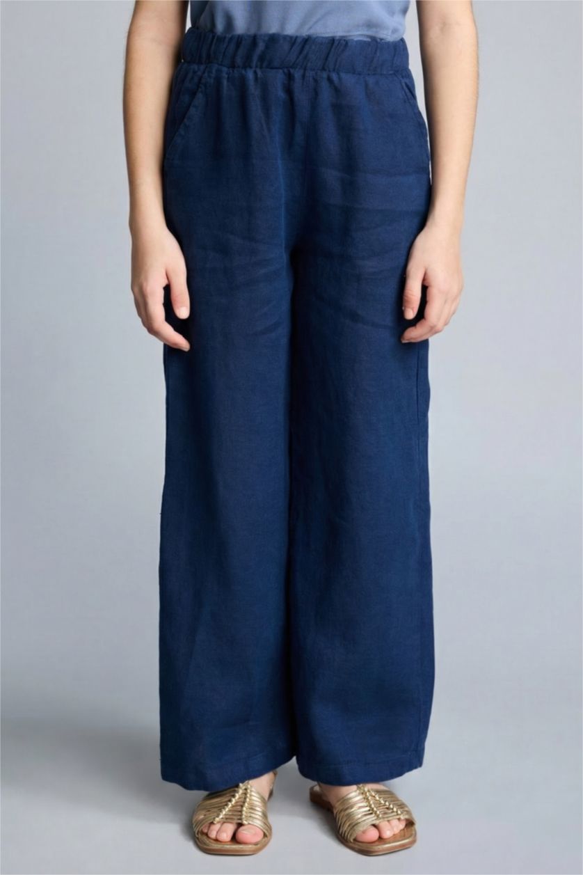 Kız Çocuk - Genç Kız Lacivert Wıde Leg Geniş Paça Keten Pantolon Kız Çocuk