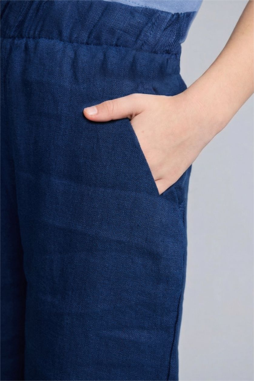 Kız Çocuk - Genç Kız Lacivert Wıde Leg Geniş Paça Keten Pantolon Kız Çocuk