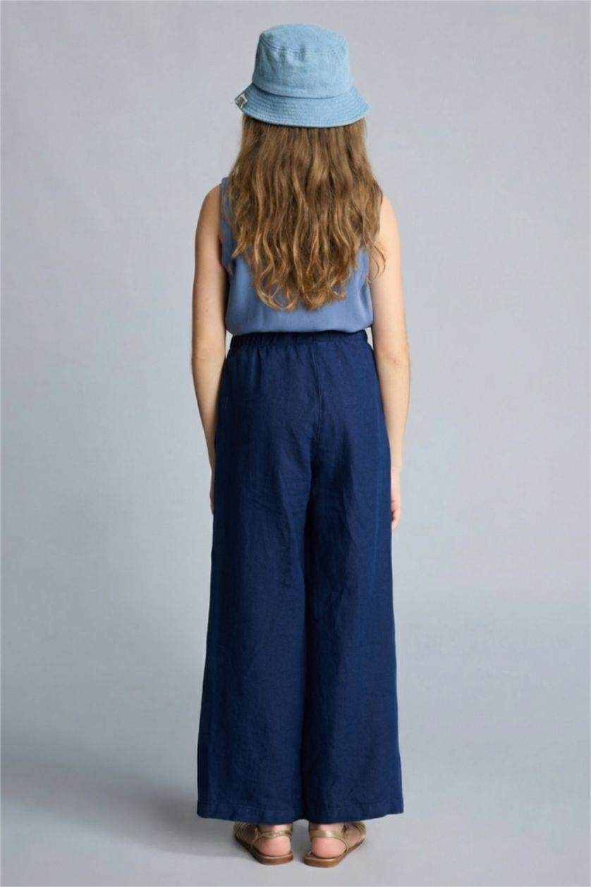 Kız Çocuk - Genç Kız Lacivert Wıde Leg Geniş Paça Keten Pantolon Kız Çocuk