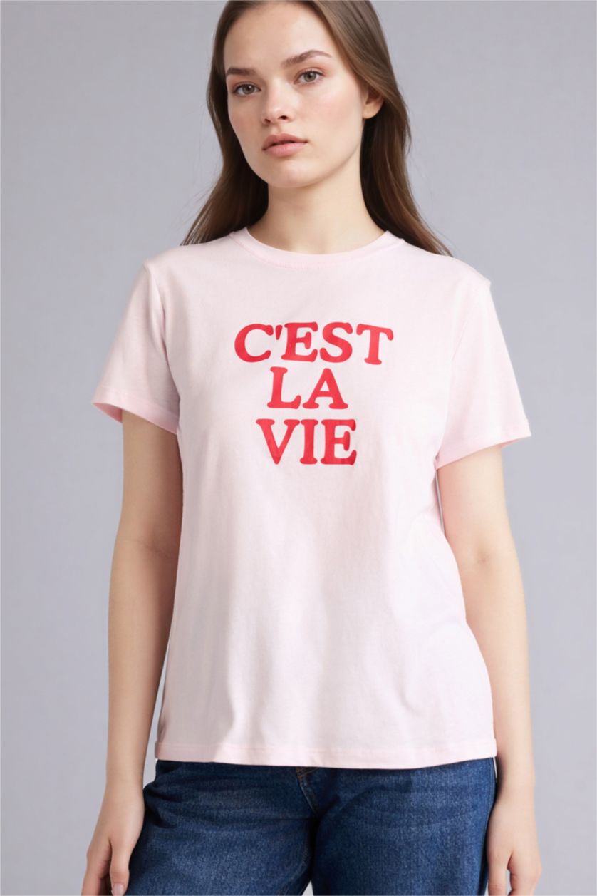 Kadın Açık Pembe Slogan Baskılı Penye Kısa Kollu Tişört